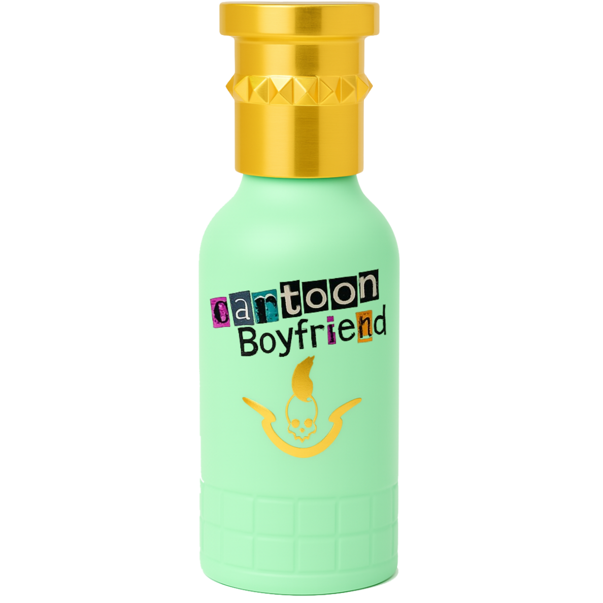 Mint green bottle with gold cap labeled 'Cartoon Boyfriend' on a white background