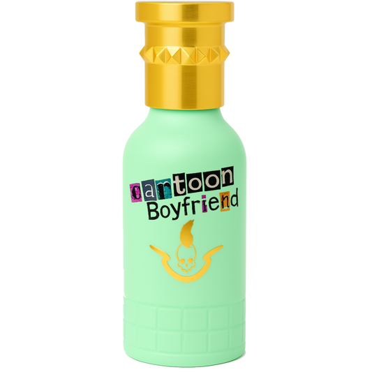 Mint green bottle with gold cap labeled 'Cartoon Boyfriend' on a white background