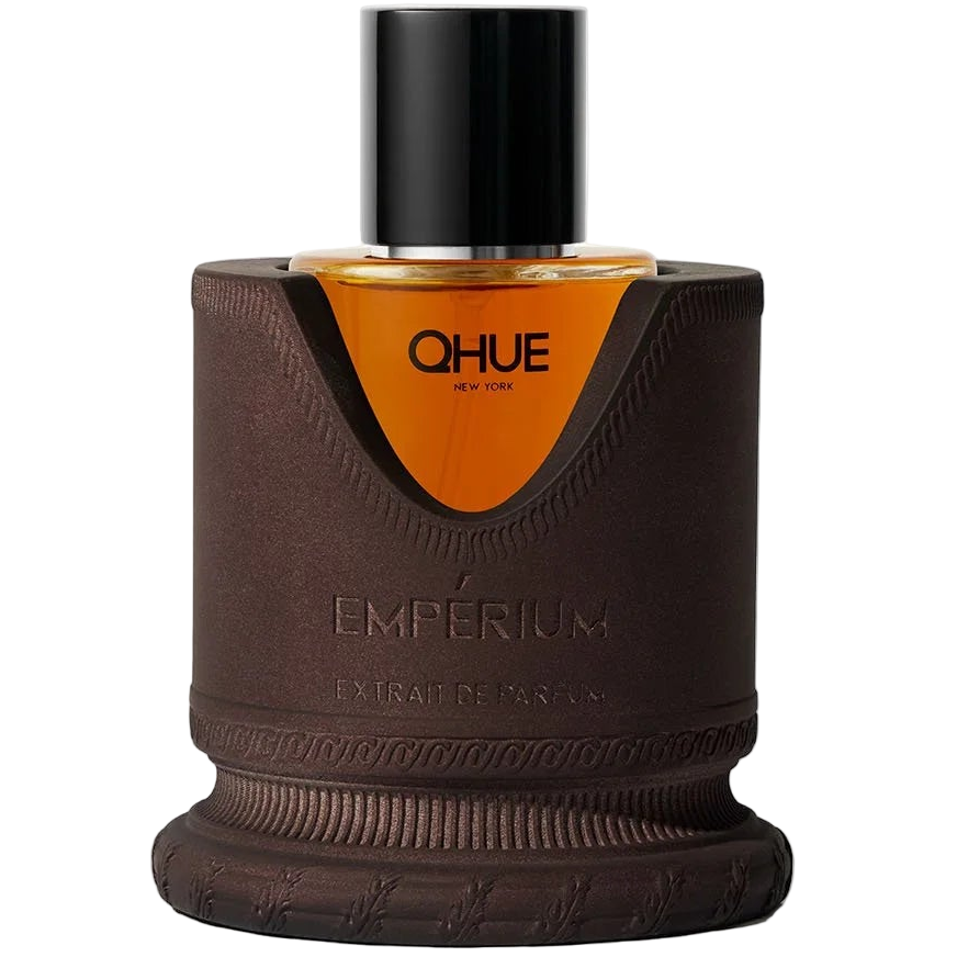 Perfume bottle with brown and orange design on a white background