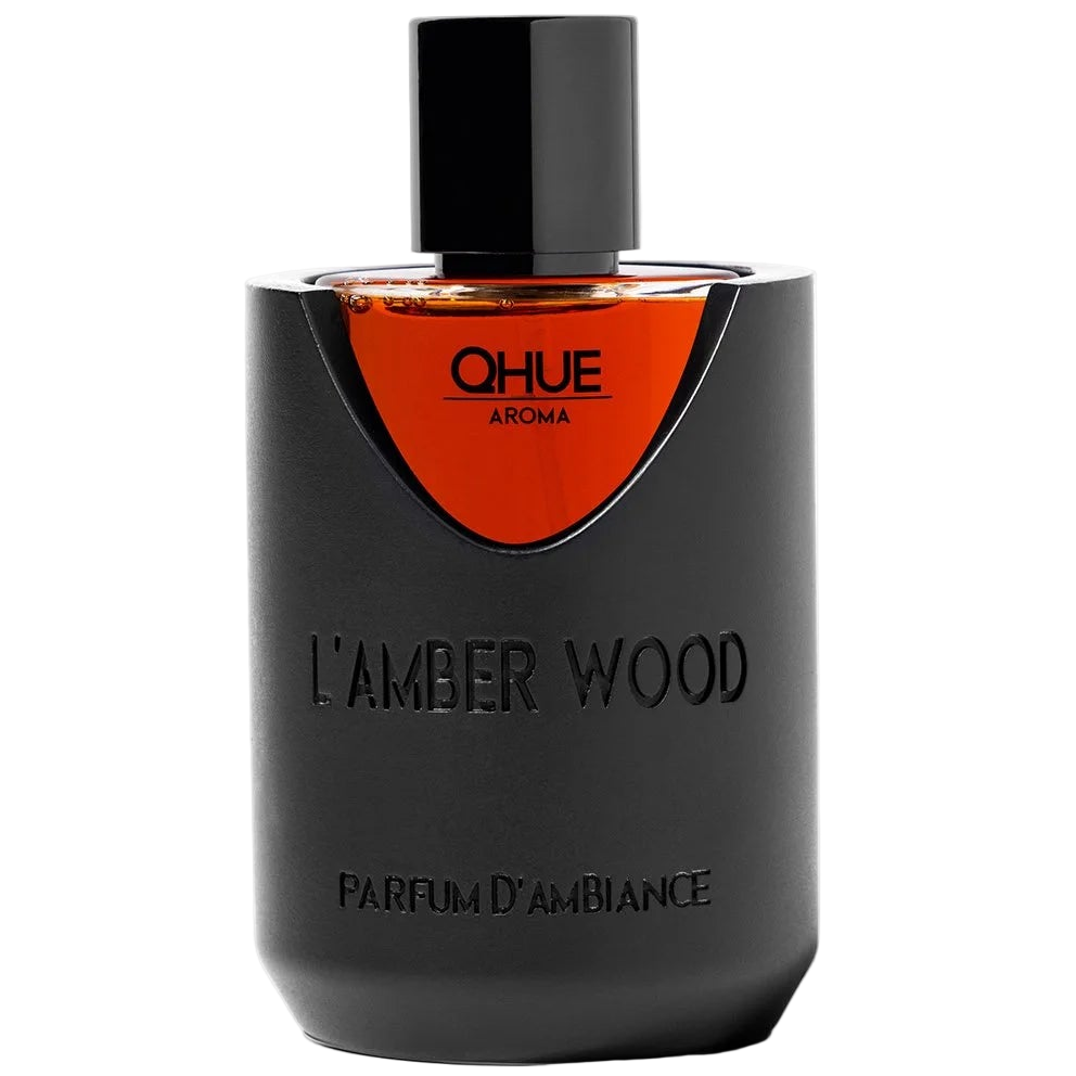Black perfume bottle labeled 'L'Amber Wood' by Qhue on a white background