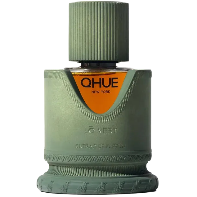 Green perfume bottle with 'Qhue New York' label on a white background