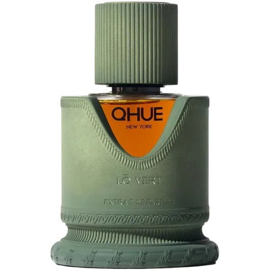 Green perfume bottle with 'Qhue New York' label on a white background
