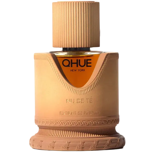 Perfume bottle with a beige and brown design on a white background