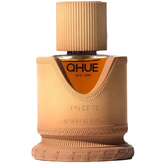 Perfume bottle with a beige and brown design on a white background