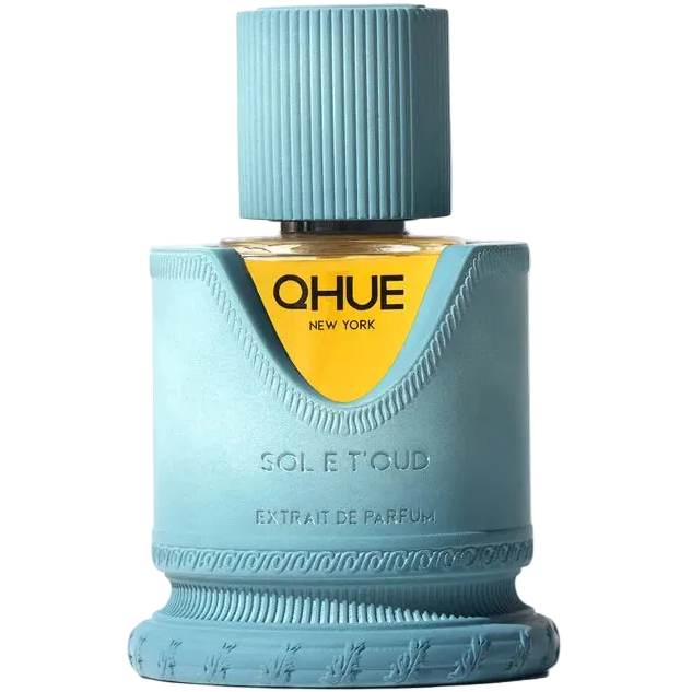 Blue perfume bottle with yellow label on a white background