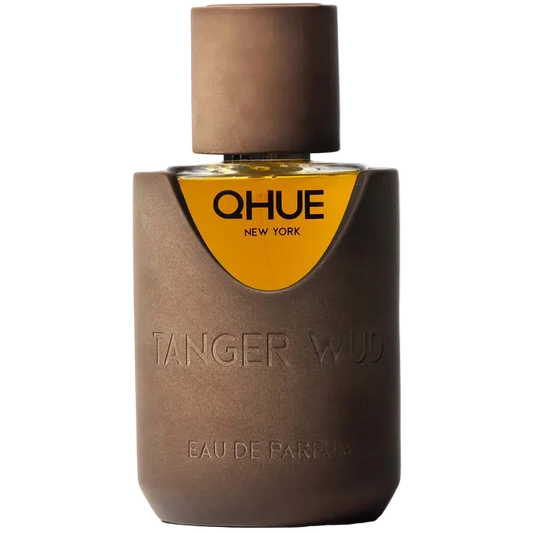 Brown perfume bottle with 'QHUE' label on a white background