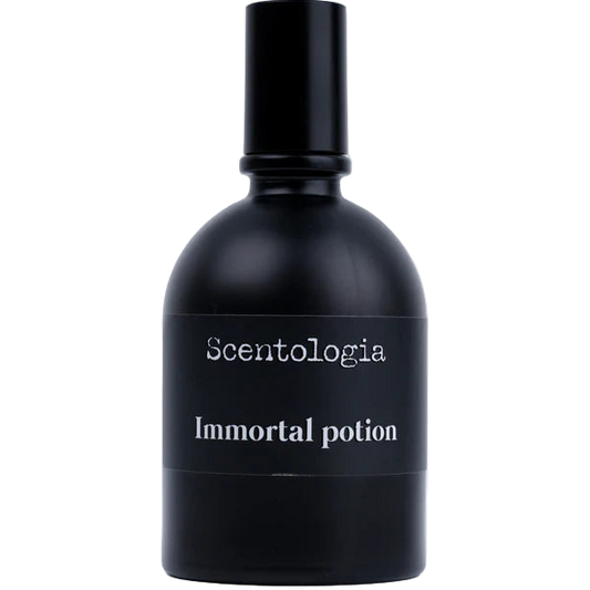 Black bottle of Scentologia Immortal potion on a white background
