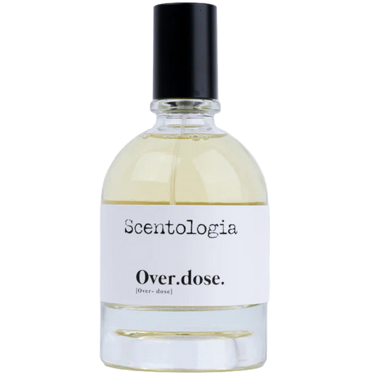 Perfume bottle labeled 'Scentologia Over.dose' on a light gray background
