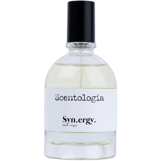 Bottle of Scentologia Syn.ergy perfume on a white background