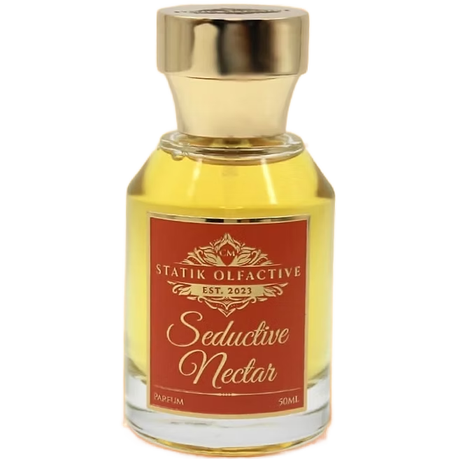 Perfume bottle labeled 'Seductive Nectar' by Statik Olfactive on a white background