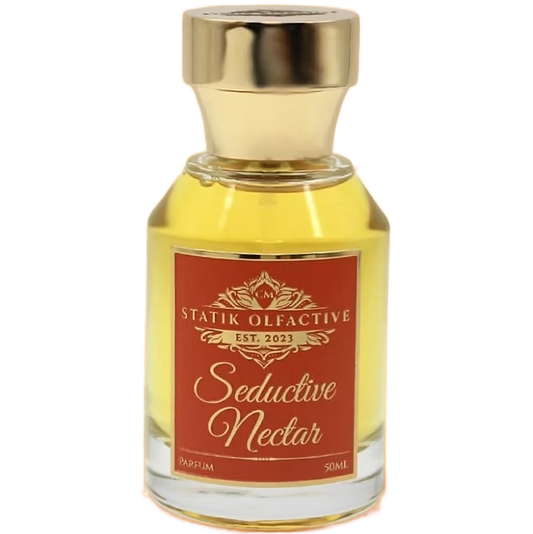 Perfume bottle labeled 'Seductive Nectar' by Statik Olfactive on a white background