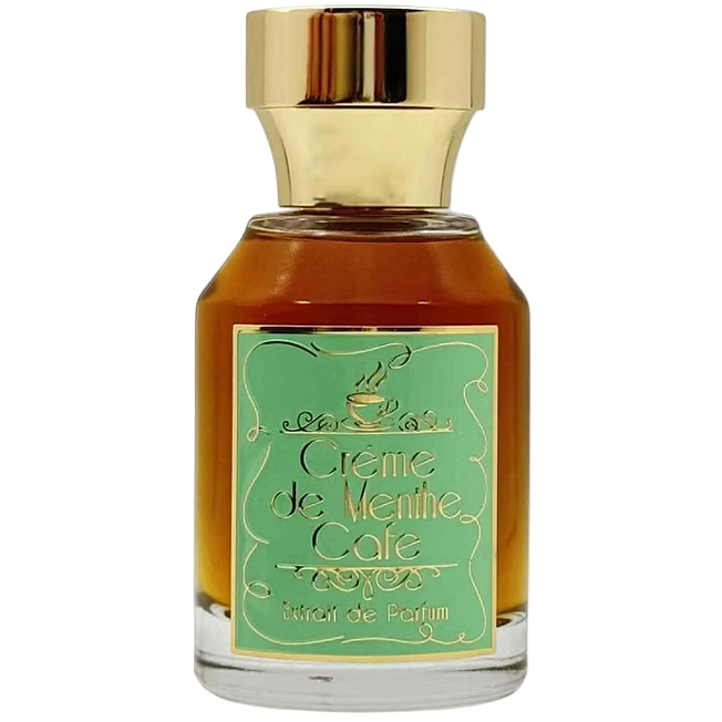 Perfume bottle with gold cap and green label on a white background