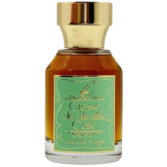 Perfume bottle with gold cap and green label on a white background