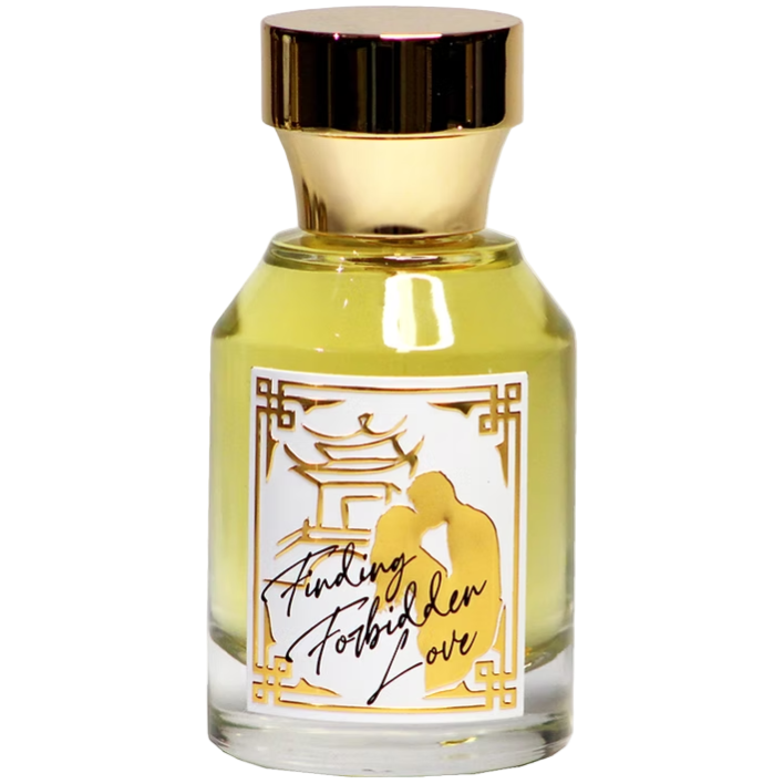 Perfume bottle with gold cap and 'Finding Forbidden Love' label on a white background