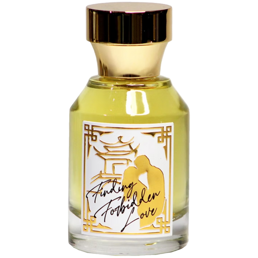 Perfume bottle with gold cap and 'Finding Forbidden Love' label on a white background