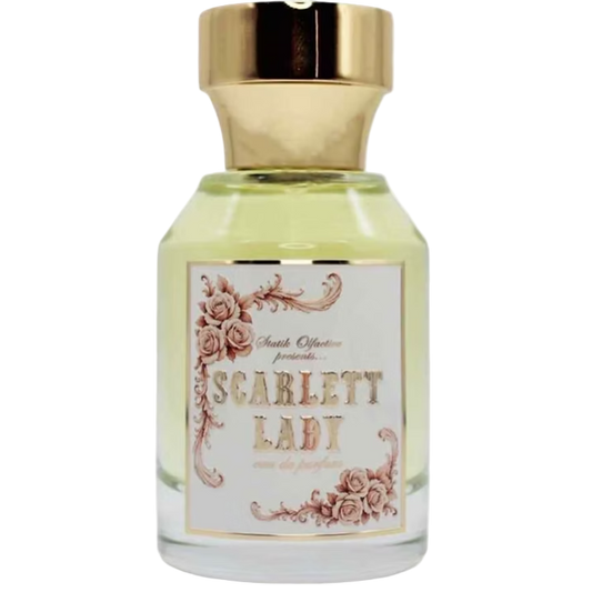 Perfume bottle labeled 'Scarlett Lady' with a gold cap on a white background