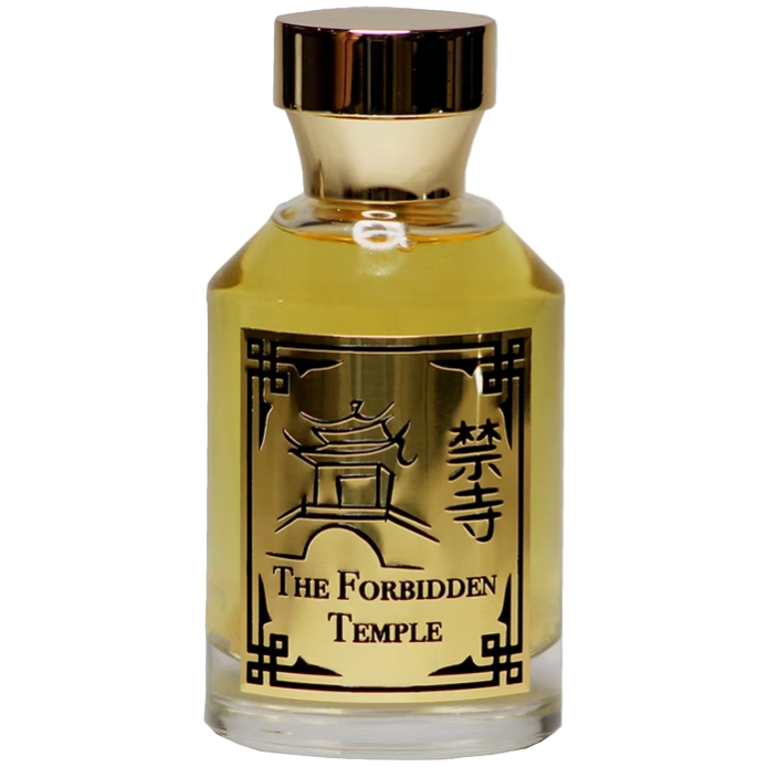 Gold perfume bottle labeled 'The Forbidden Temple' on a white background