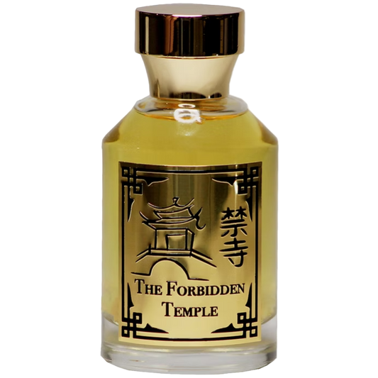 Gold perfume bottle labeled 'The Forbidden Temple' on a white background