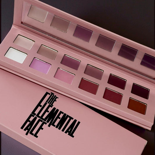Makeup palette with 'The Elemental Face' branding on a dark background