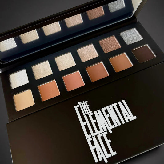 Makeup palette with various shades of eyeshadow and 'The Elemental Face' branding on a dark background.