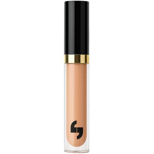 Cosmetic lip gloss bottle with black cap and gold accent on a white background