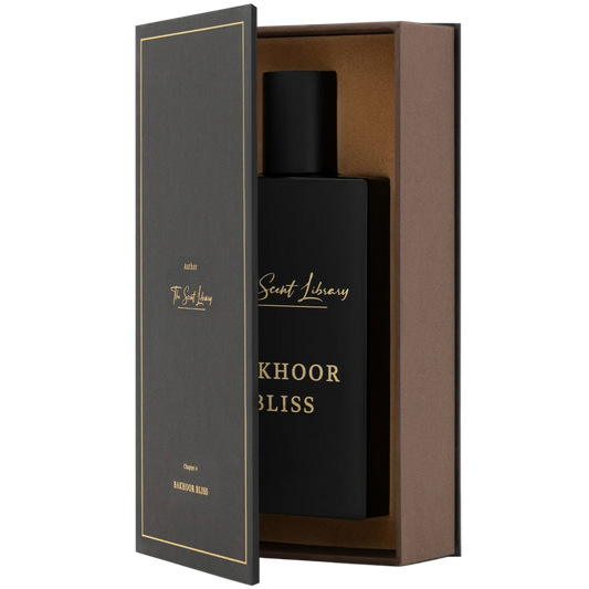 Black perfume bottle with 'Bakhoor Bliss' text in a brown box on a white background