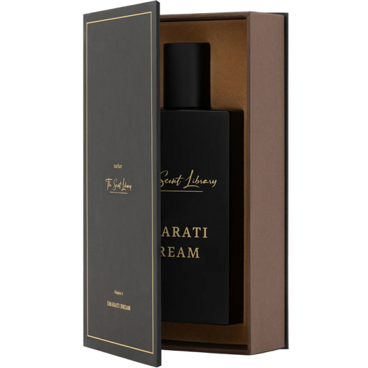 Black bottle of Emirati Dream with packaging on a white background