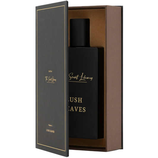 Black perfume bottle in a branded box on a white background