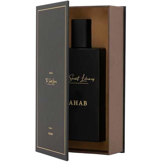 Black perfume bottle with 'Mahab' text in a branded box on a white background