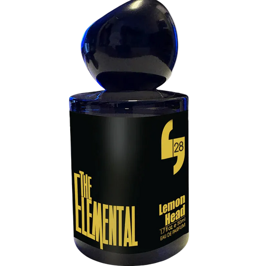 Black perfume bottle with yellow text on a white background