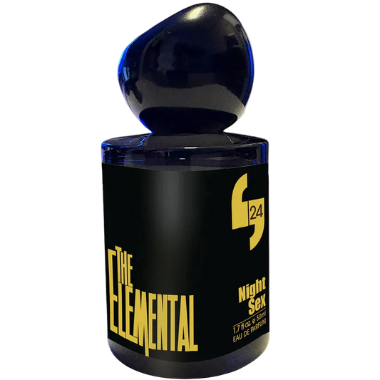 Perfume bottle labeled 'The Elemental 24 Night Sex' with black and yellow design on a white background
