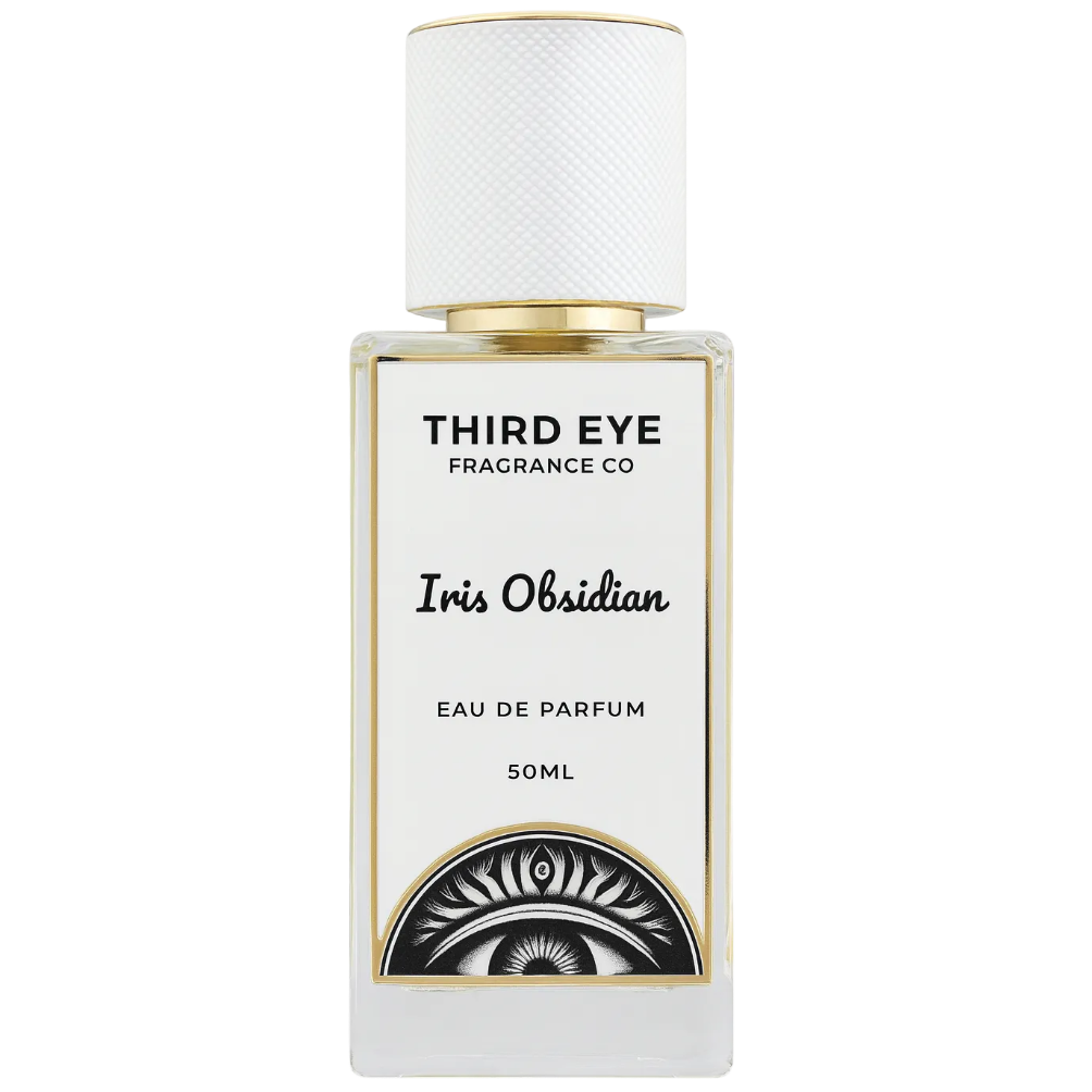 Perfume bottle labeled 'Third Eye Fragrance Co Iris Obsidian' on a white background