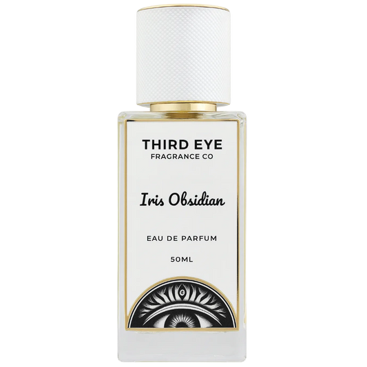 Perfume bottle labeled 'Third Eye Fragrance Co Iris Obsidian' on a white background