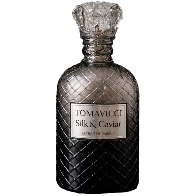 Perfume bottle gradient from black to silver with a clear crystal cap