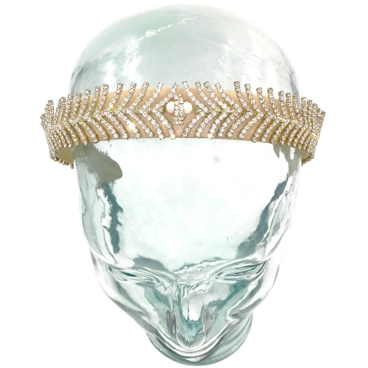 Gold headband on a clear glass mannequin head against a white background