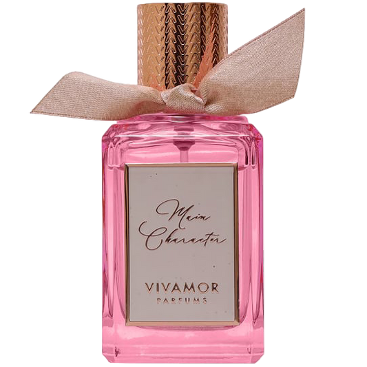 Pink perfume bottle with wooden cap and beige ribbon on a white background