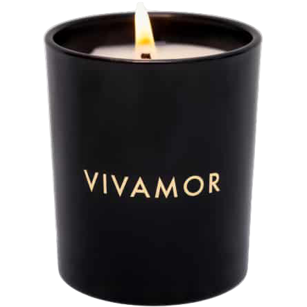 Black candle with 'VIVAMOR' branding on a white background