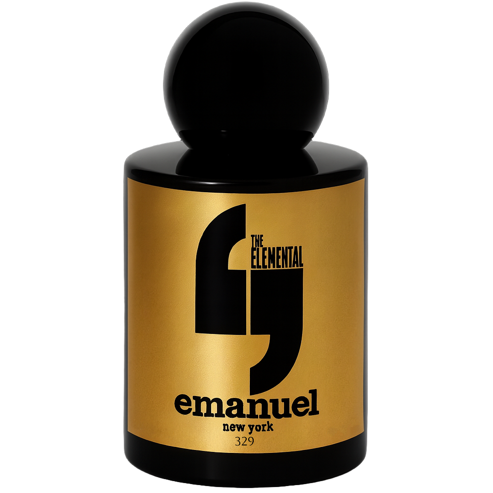 Perfume bottle with gold label and black cap on a white background