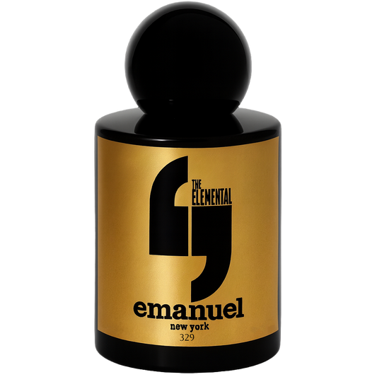 Perfume bottle with gold label and black cap on a white background