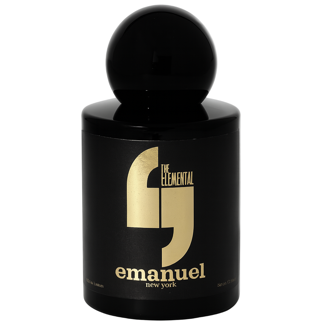 Black perfume bottle with gold logo and text on a white background