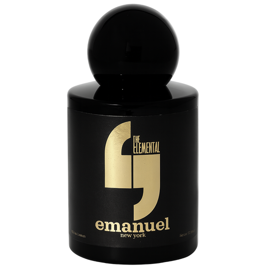 Black perfume bottle with gold logo and text on a white background
