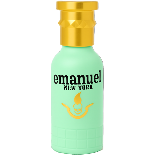 Green bottle with gold cap featuring 'emanuel New York' branding on a white background
