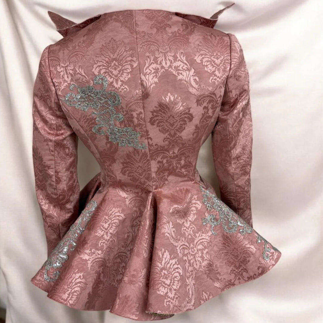 peplum silk brocade jacket with hand embroidery metallic lace